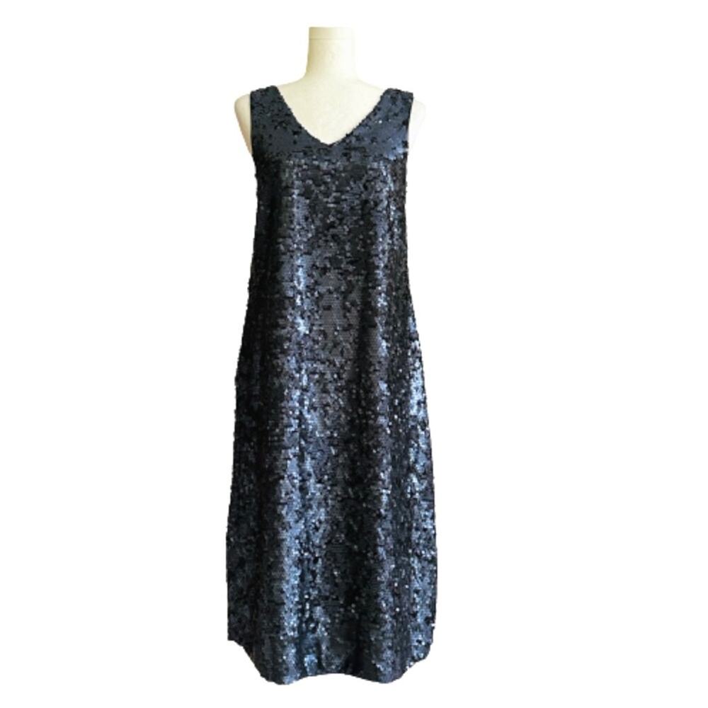 K/Lab Dress Navy Blue Sequins V-Neck Sleeveless Party Midi Dress Size Small